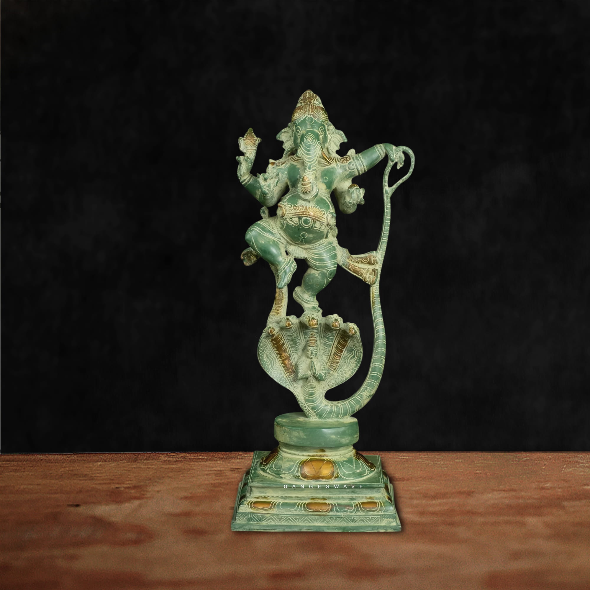 Vintage Green Brass Dancing Ganesha Statue on Sheshnag - 20 inches