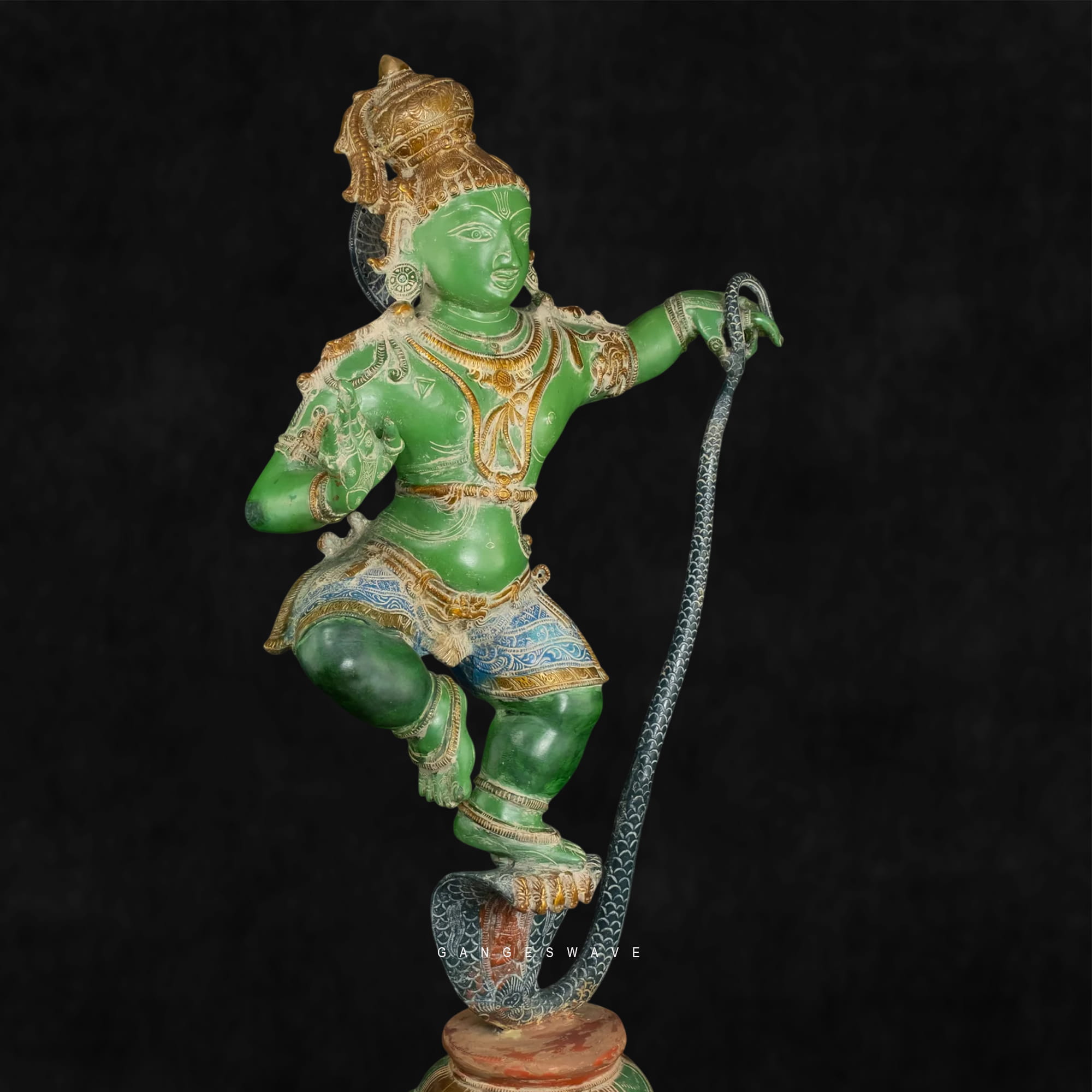 Vintage Finish Brass Krishna Murti on Kaliya Naag - 34 inches - Image 5