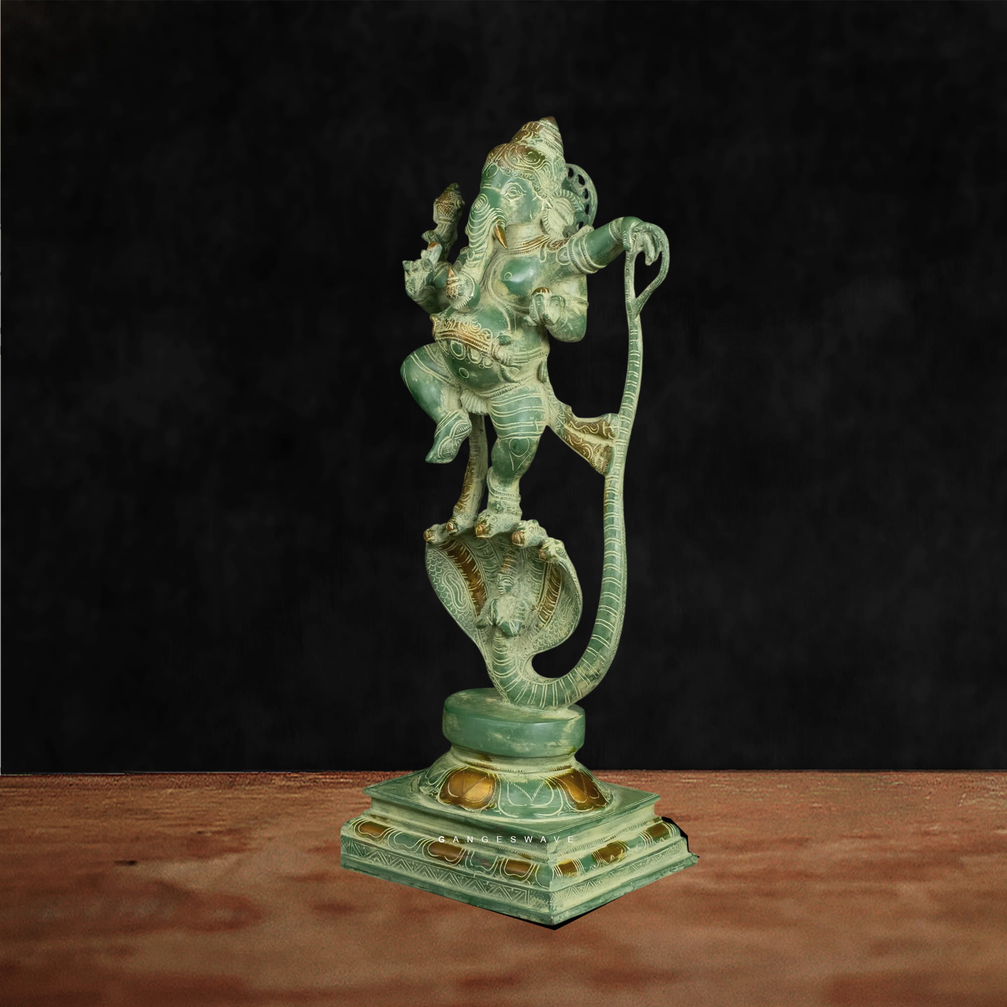 Vintage Green Brass Dancing Ganesha Statue on Sheshnag - 20 inches - Image 5