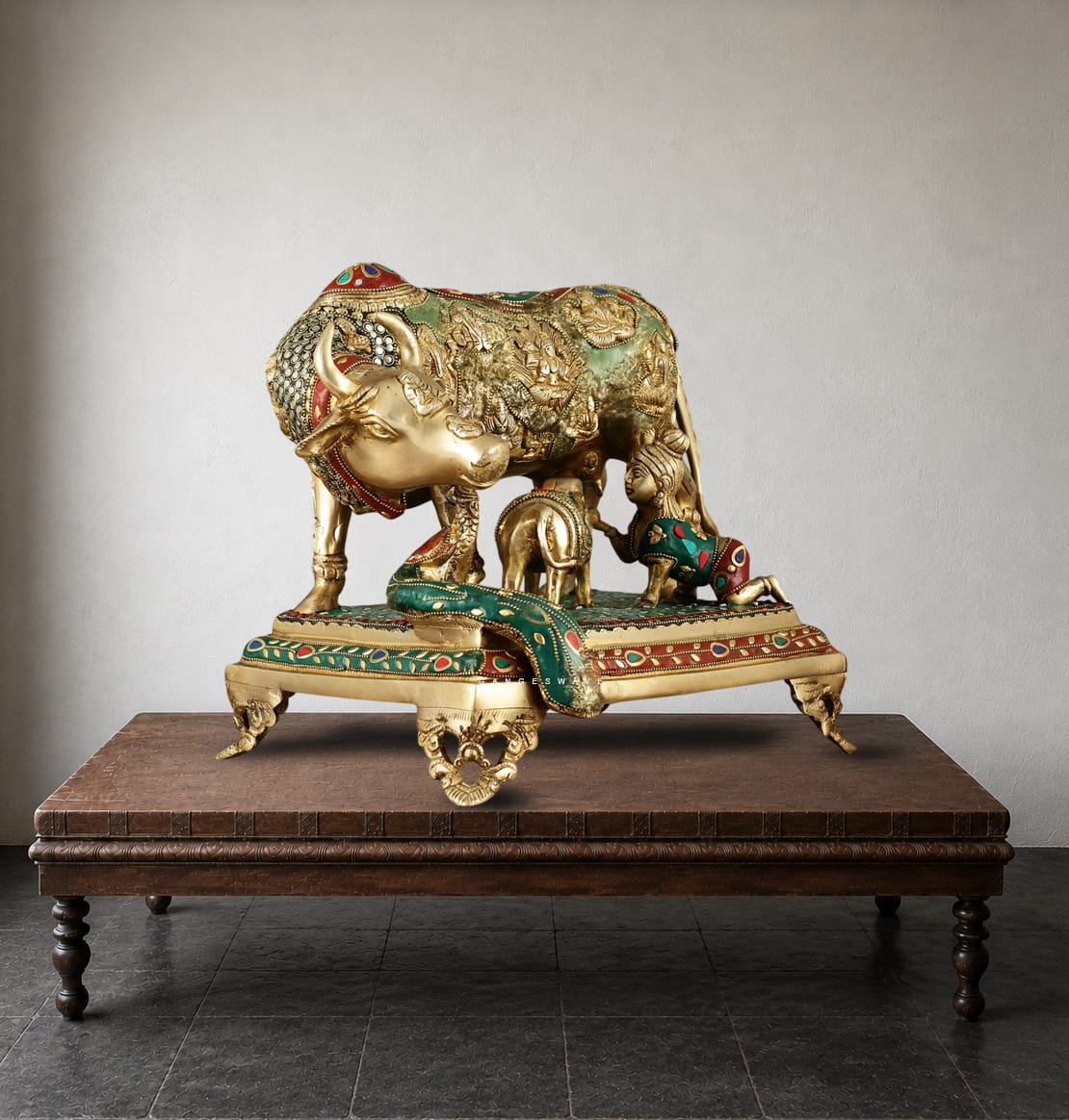 Handcrafted Meenakari Kamdhenu Brass Statue with Calf - 12 inches - Image 2