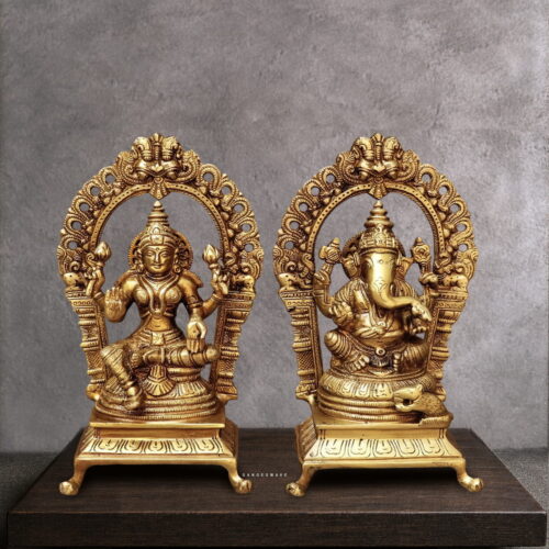 Handcrafted Brass Lakshmi Ganesh Statue Set with Decorative Prabhavali Arch for Home Temple, Office, Pooja Room and Luxury Interior Decor