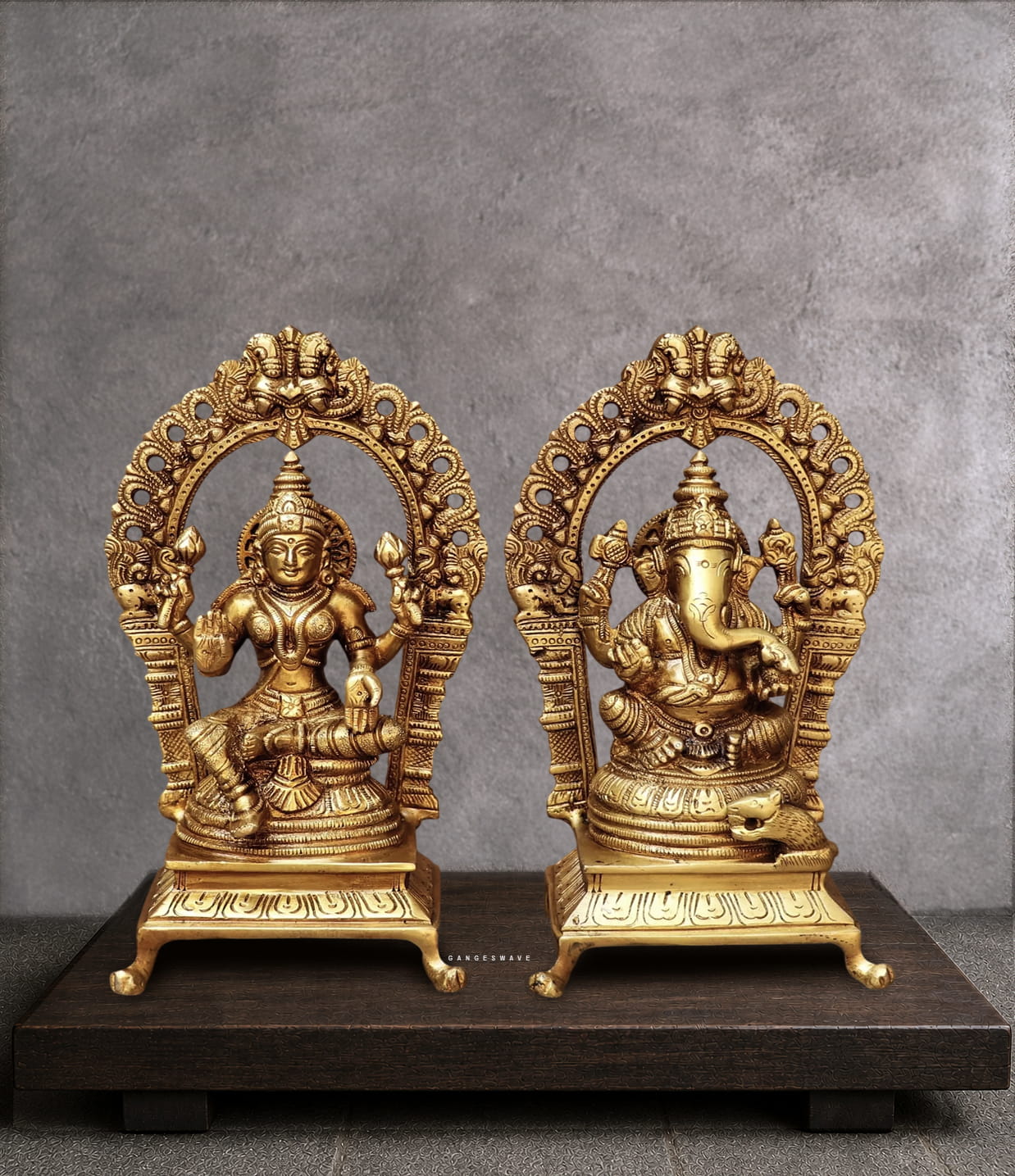 Handcrafted Brass Lakshmi Ganesh Statue Set with Decorative Prabhavali Arch for Home Temple, Office, Pooja Room and Luxury Interior Decor