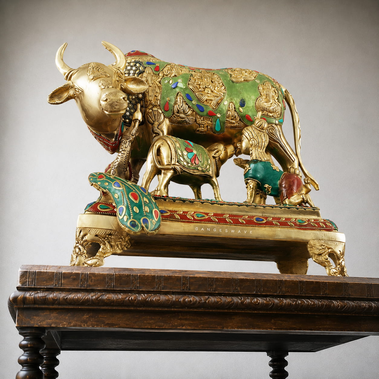 Handcrafted Meenakari Kamdhenu Brass Statue with Calf - 12 inches - Image 6