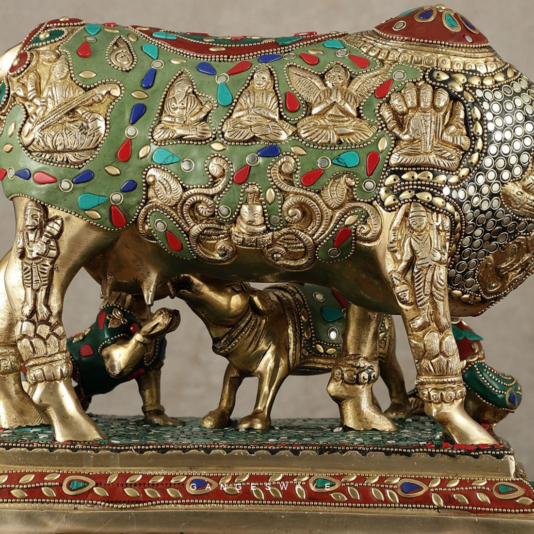 Handcrafted Meenakari Kamdhenu Brass Statue with Calf - 12 inches - Image 3