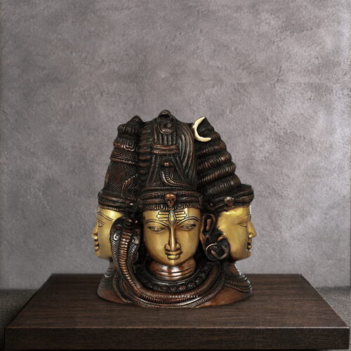 Brass Trimukha Shiva Bust with Parvati - 11 inches