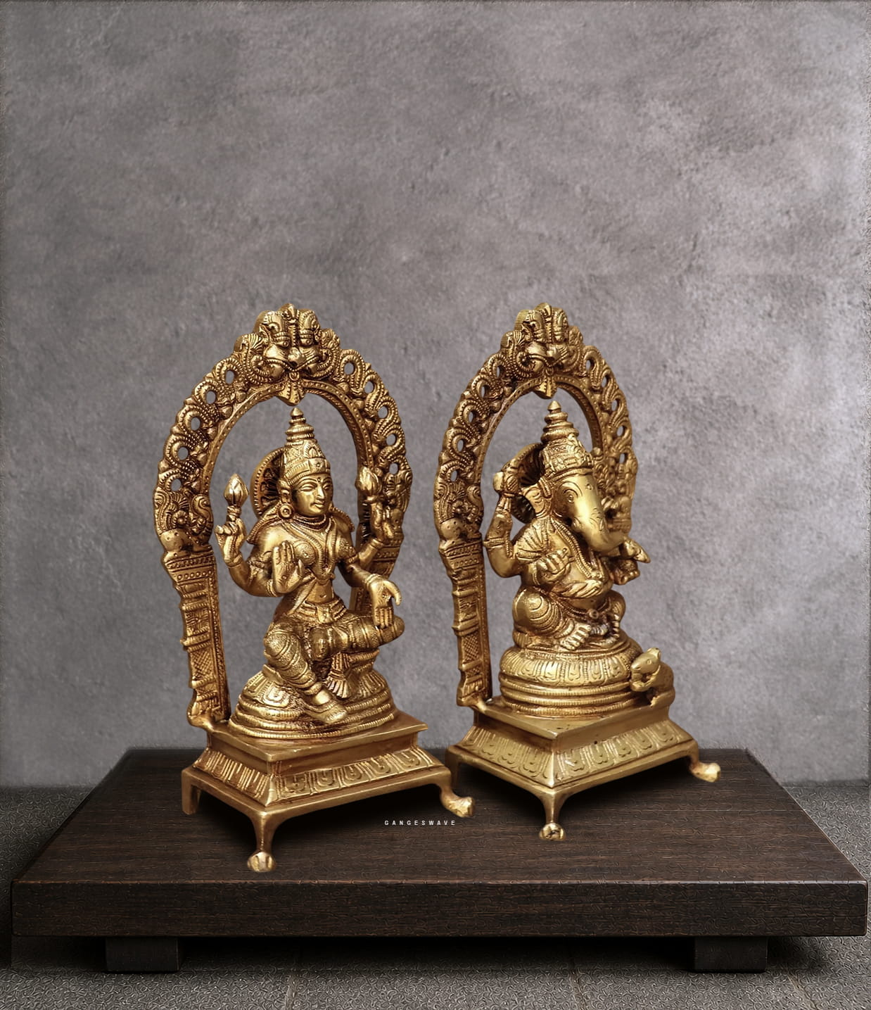 Handcrafted Brass Lakshmi Ganesh Statue Set with Prabhavali Arch - 8.5 inches - Image 4