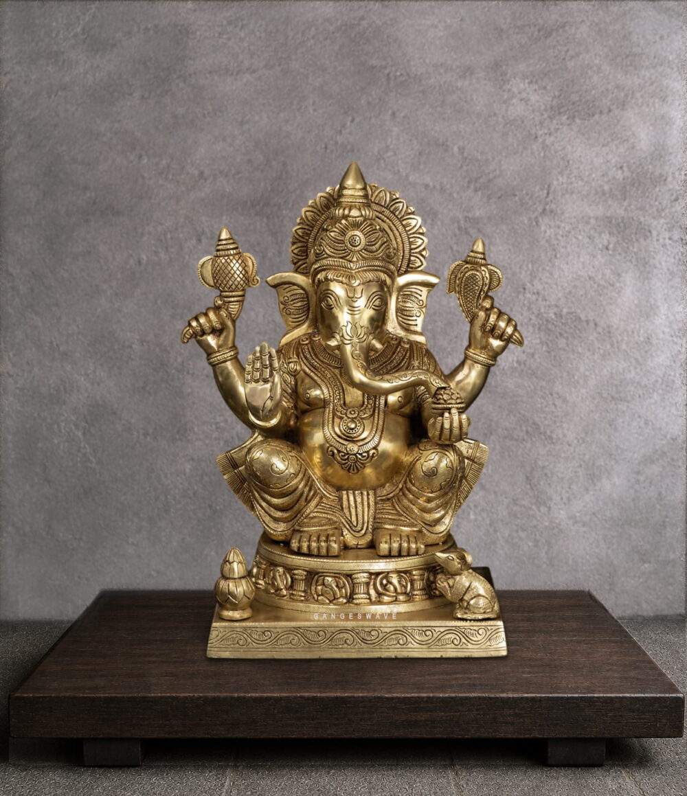 Handcrafted Brass Lord Ganesha Murti in sitting posture with antique finish, traditional Indian brass idol for home temple, office décor, pooja room, vastu, luxury interior decoration, and spiritual gifting.