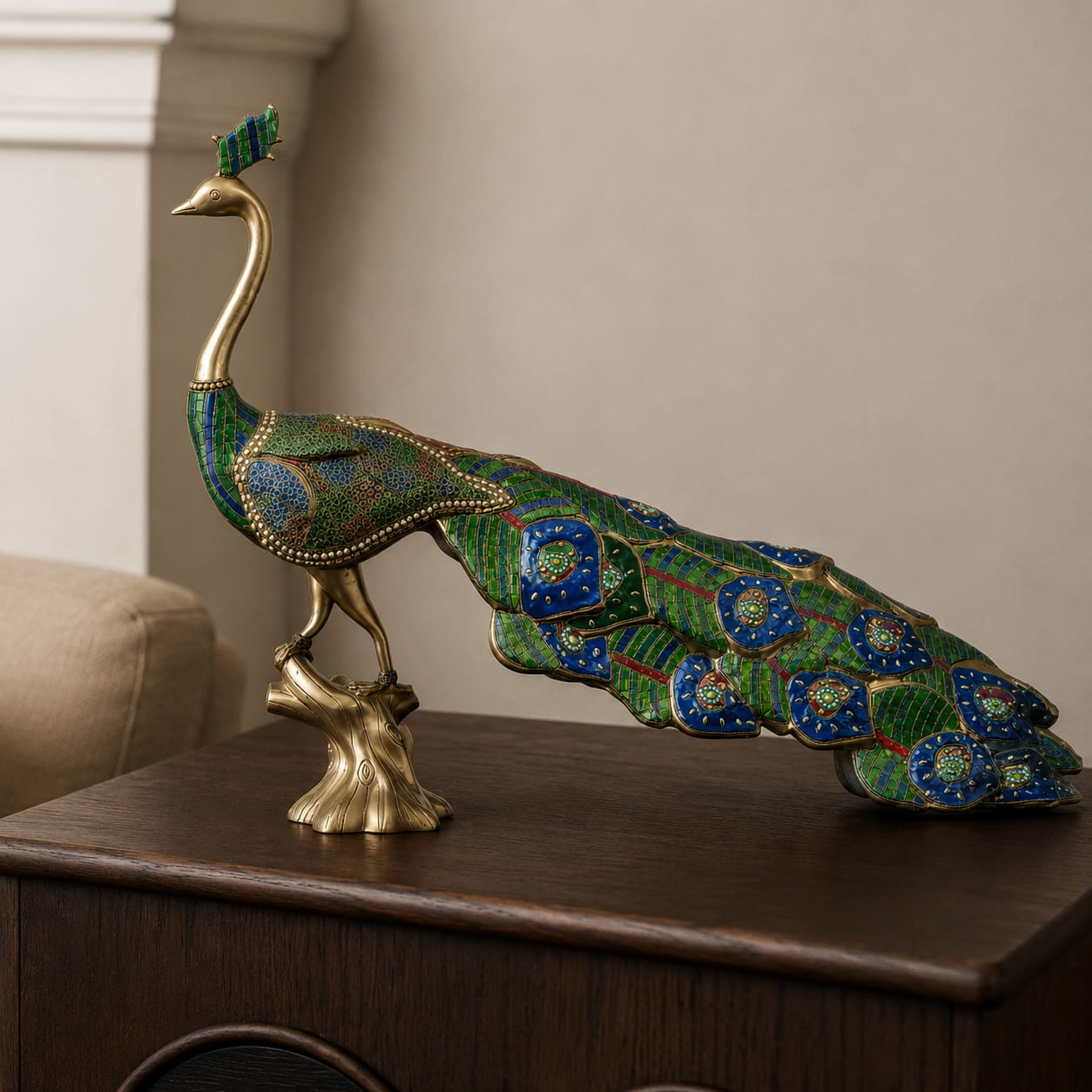 Brass Peacock Statue with Handcrafted Meenakari - - Image 2