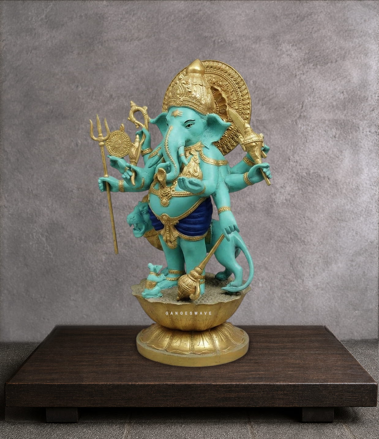 Turquoise Brass Raksha Ganesh Statue with Lion - 23.5 inches - Image 3