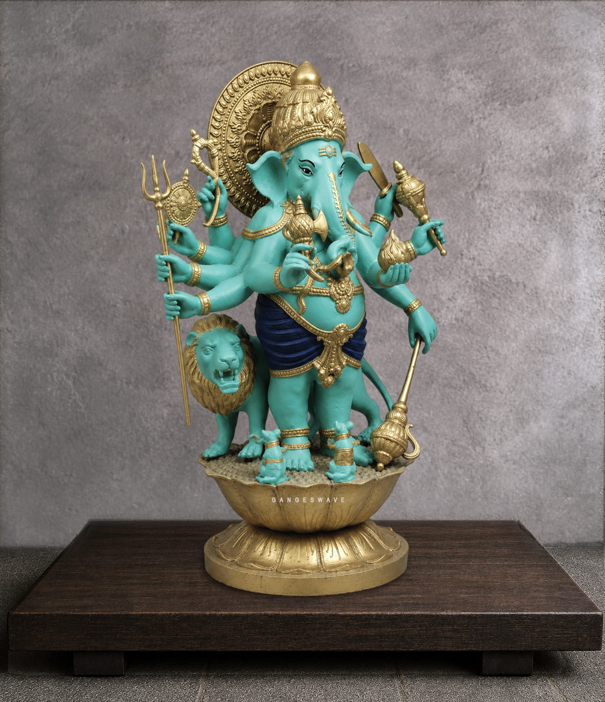 Turquoise Brass Raksha Ganesh Statue with Lion - 23.5 inches - Image 2