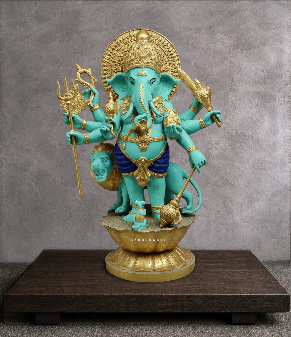Handcrafted luxury turquoise brass Panchamukhi Lord Ganesha statue with antique gold finish standing on lotus pedestal with lion for premium home temple and luxury interior décor.