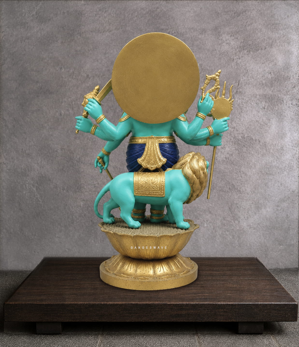 Turquoise Brass Raksha Ganesh Statue with Lion - 23.5 inches - Image 4