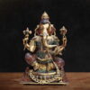 Handcrafted Brass Meenakari Ganesha Statue featuring intricate multicolour enamel work, antique brass finish, and traditional Indian craftsmanship for luxury home décor and pooja.