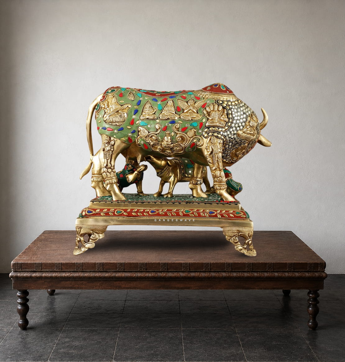 Handcrafted Meenakari Kamdhenu Brass Statue with Calf - 12 inches - Image 4
