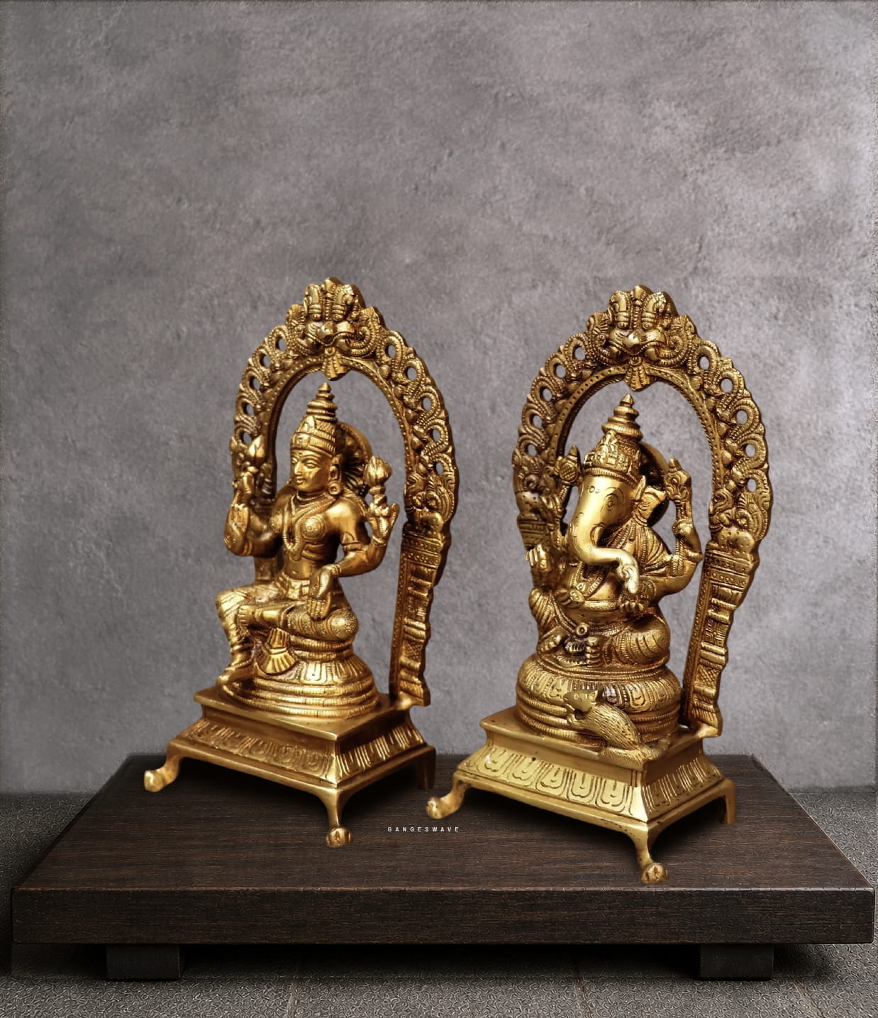 Handcrafted Brass Lakshmi Ganesh Statue Set with Prabhavali Arch - 8.5 inches - Image 5