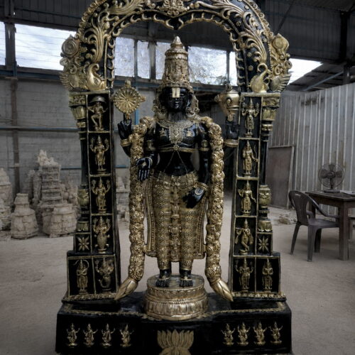 Luxury handcrafted black and antique gold Lord Venkateswara Tirupati Balaji brass statue with ornate South Indian temple prabhavali for premium home and temple décor.