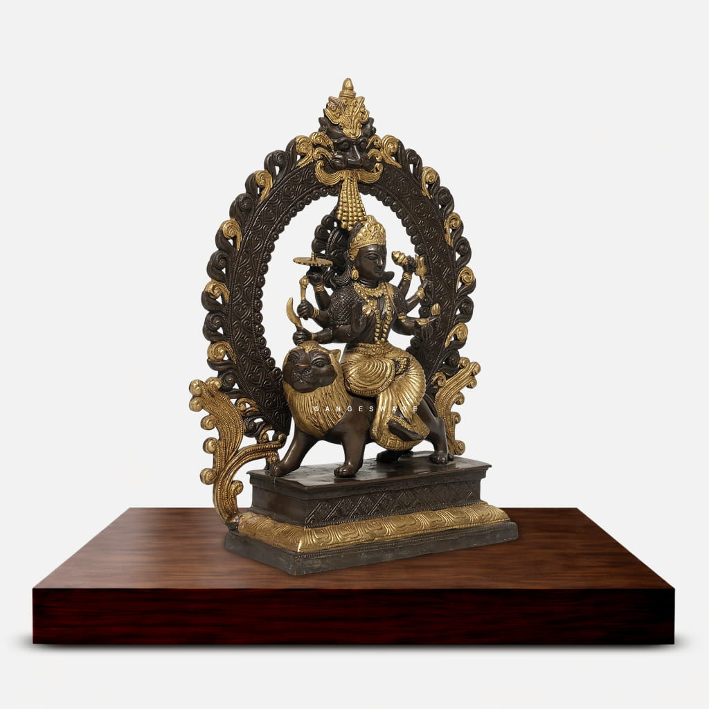 Handcrafted Brass Durga Idol Sitting on Lion - 14 inches - Image 2