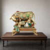 Handcrafted Meenakari Kamdhenu Brass Statue with Calf featuring intricate enamel artwork and divine carvings for luxury home décor and temple decoration.