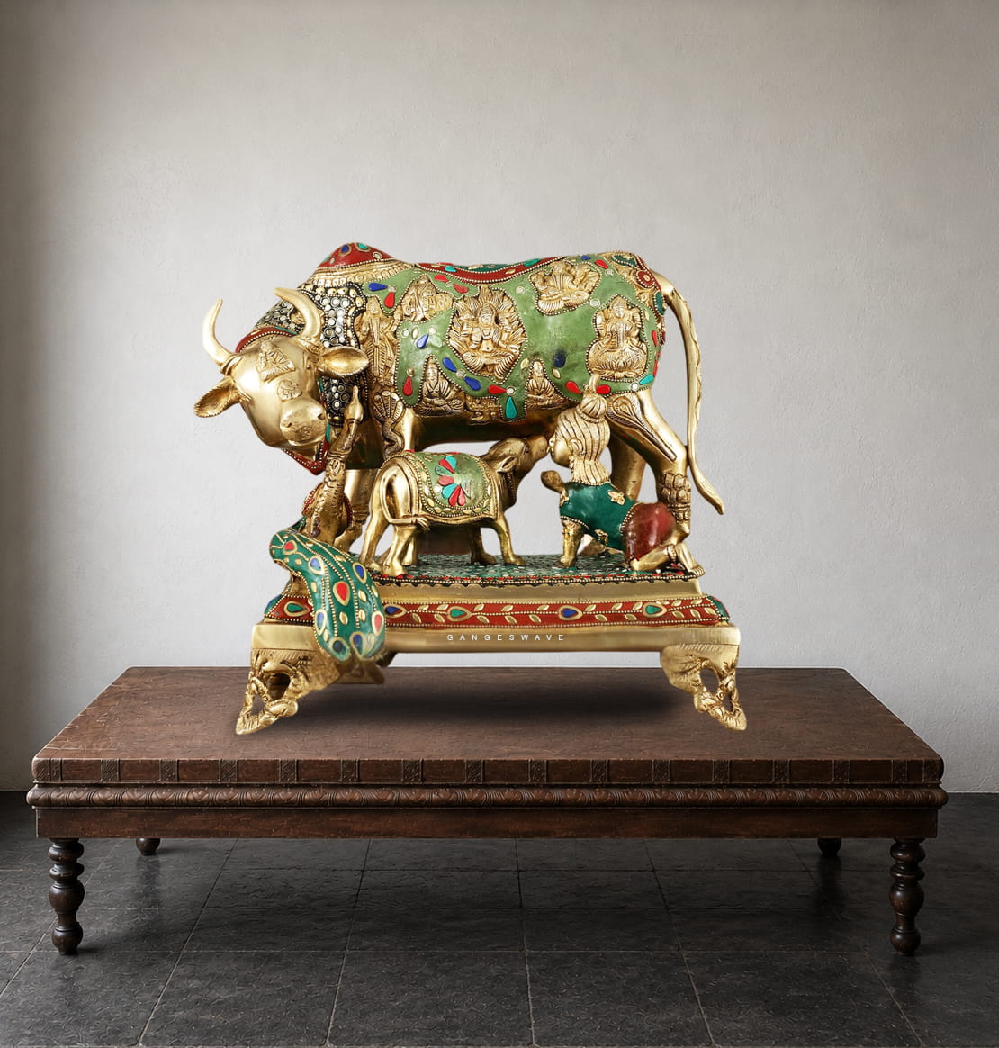 Handcrafted Meenakari Kamdhenu Brass Statue with Calf featuring intricate enamel artwork and divine carvings for luxury home décor and temple decoration.