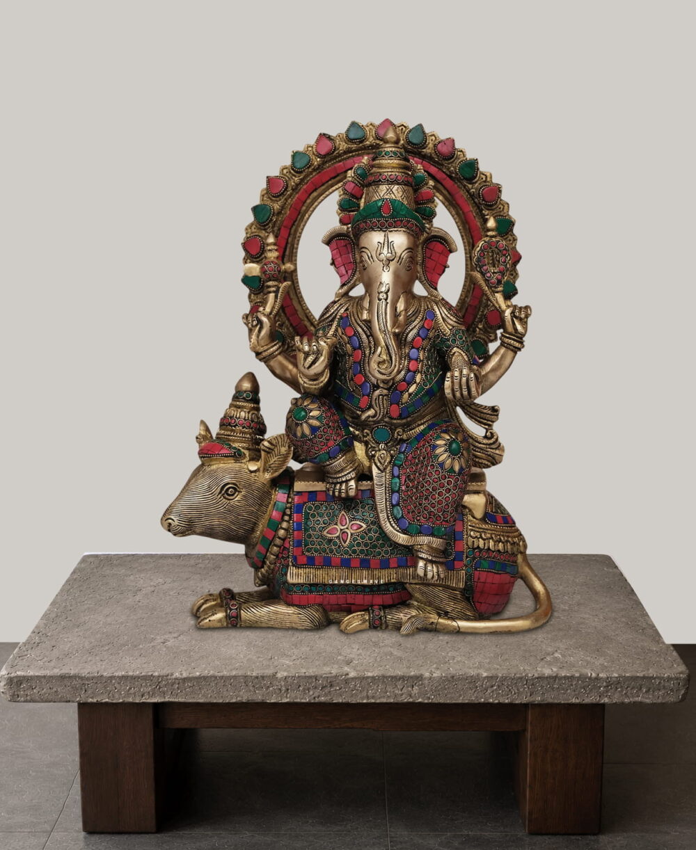 Meenakari Ganesha Statue Sitting on Vahana Mushak