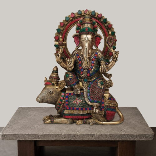 Meenakari Ganesha Statue Sitting on Vahana Mushak