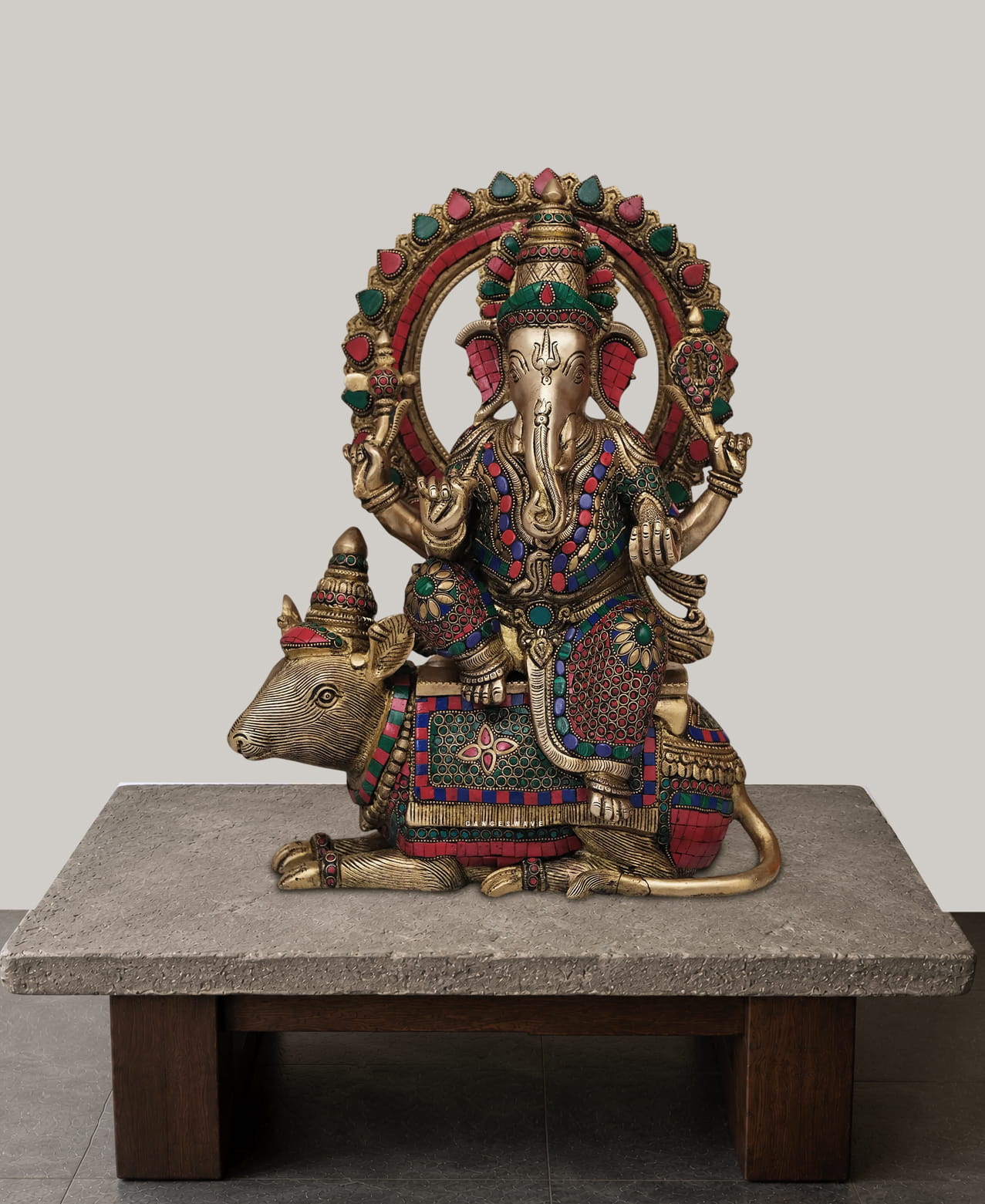 Meenakari Ganesha Statue Sitting on Vahana Mushak