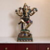 Handcrafted Meenakari Brass Dancing Ganesha Statue with colorful traditional Meenakari enamel work on premium solid brass for luxury home décor and temple decoration.