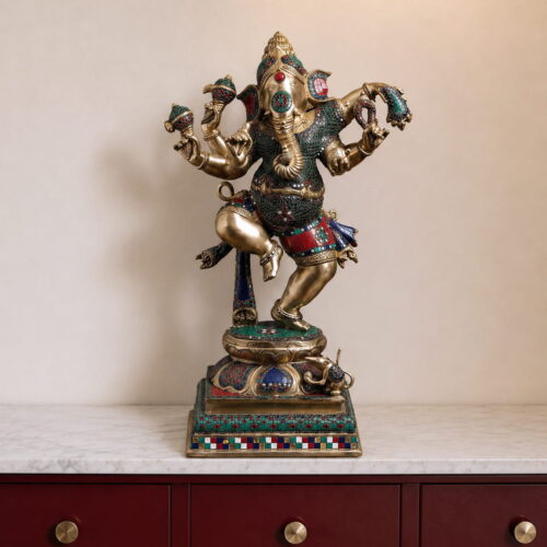 Handcrafted Meenakari Brass Dancing Ganesha Statue with colorful traditional Meenakari enamel work on premium solid brass for luxury home décor and temple decoration.