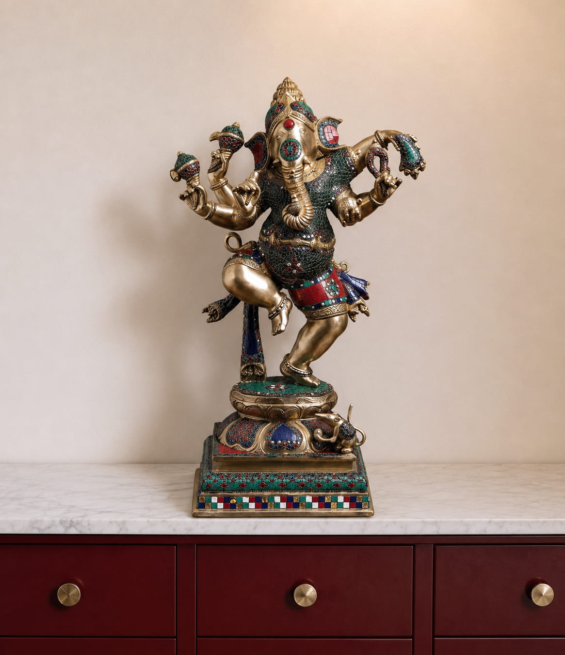 Handcrafted Meenakari Brass Dancing Ganesha Statue with colorful traditional Meenakari enamel work on premium solid brass for luxury home décor and temple decoration.