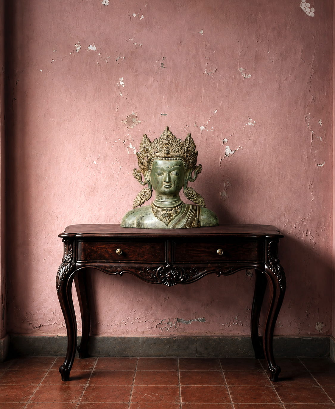 Handcrafted brass Green Tara bust statue with antique verdigris finish displayed as luxury spiritual home décor