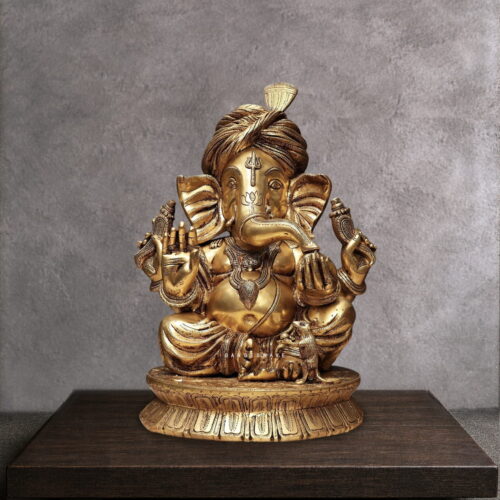 Antique brass Pagri Ganesha statue with turban, handcrafted Indian elephant god idol for puja and home decor