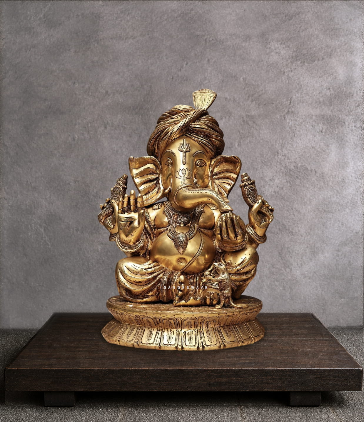 Antique brass Pagri Ganesha statue with turban, handcrafted Indian elephant god idol for puja and home decor