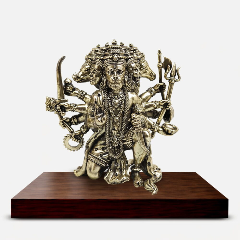 Handcrafted Panchmukhi Hanuman Brass Idol with intricate detailing, premium antique finish, five-faced Hanuman statue for home temple, luxury interior décor, meditation room and Vastu placement.