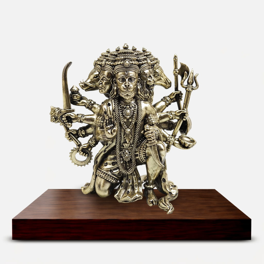 Handcrafted Panchmukhi Hanuman Brass Idol with intricate detailing, premium antique finish, five-faced Hanuman statue for home temple, luxury interior décor, meditation room and Vastu placement.