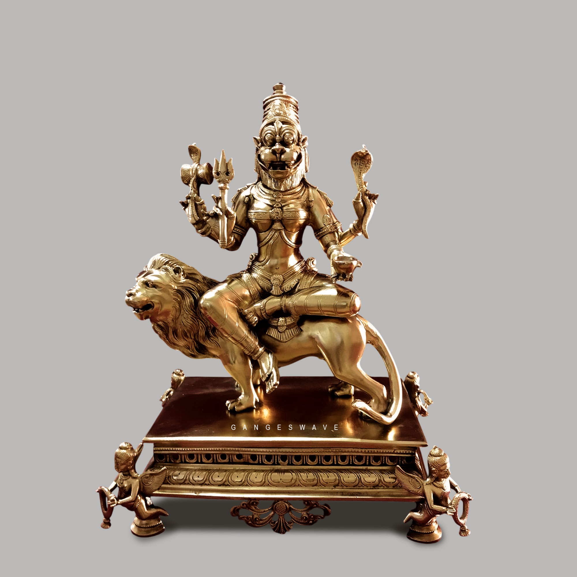 Premium handcrafted brass Pratyangira Devi statue seated on lion with ornate pedestal for home temple, luxury décor and spiritual worship.
