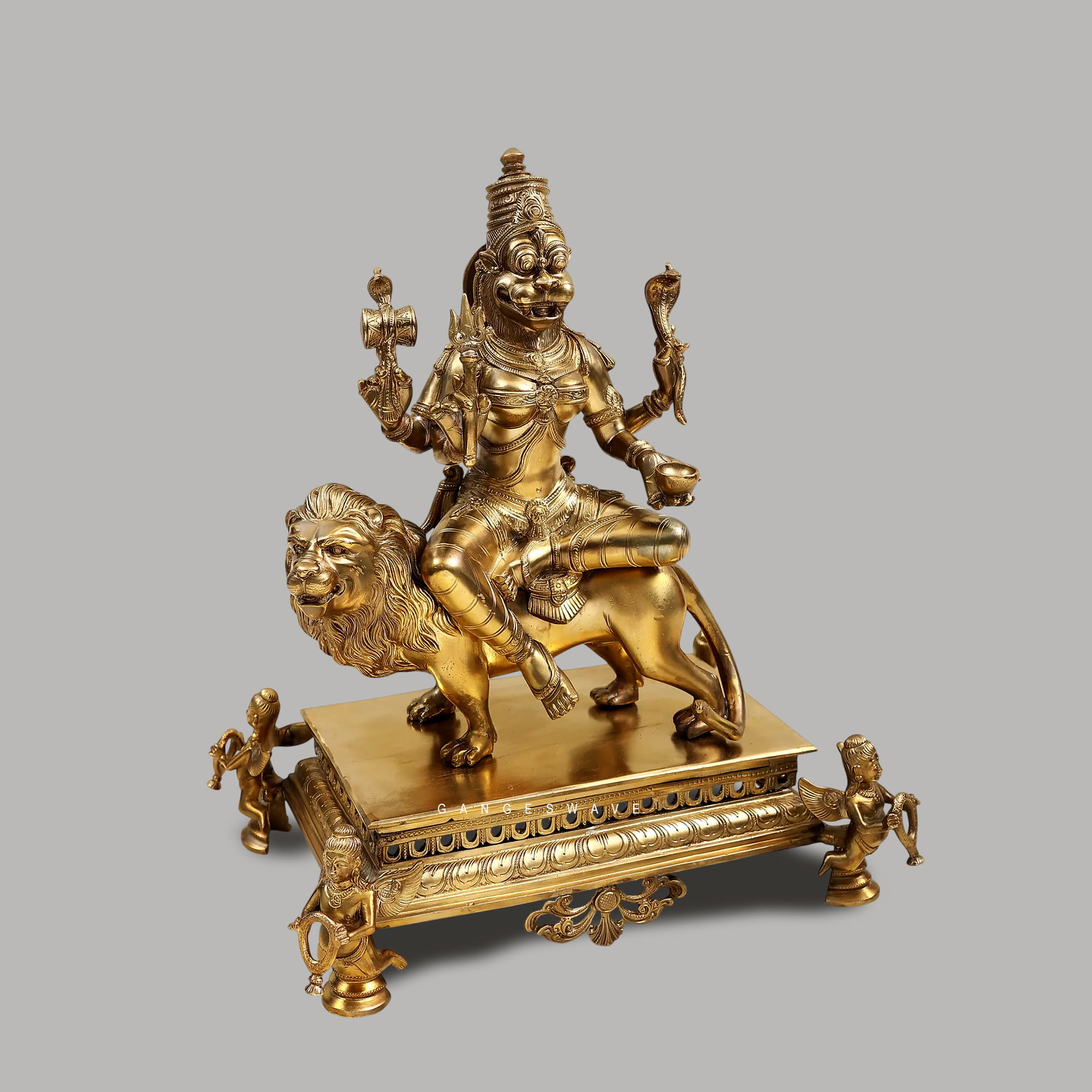 Premium Bronze Pratyangira Devi Statue on Lion - 15 inches - Image 2