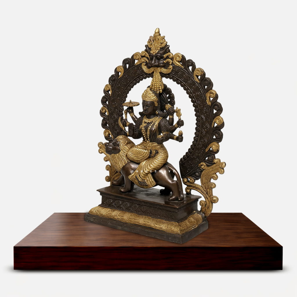 Handcrafted Brass Durga Idol Sitting on Lion - 14 inches - Image 3