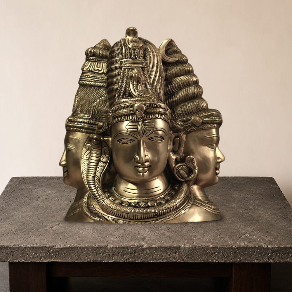 Handcrafted Brass Trimukha Shiva Bust with Antique Finish – Three-Faced Lord Shiva Sculpture for Luxury Home Décor