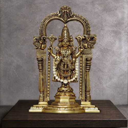 Handcrafted Brass Tirupati Balaji Statue with ornate Prabhavali, antique finish, premium Lord Venkateswara brass idol for home temple, pooja room and luxury décor.