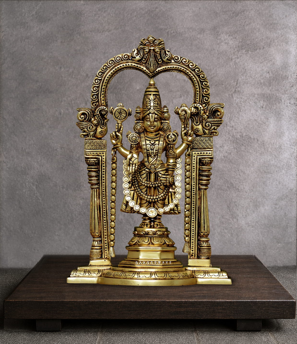 Handcrafted Brass Tirupati Balaji Statue with ornate Prabhavali, antique finish, premium Lord Venkateswara brass idol for home temple, pooja room and luxury décor.