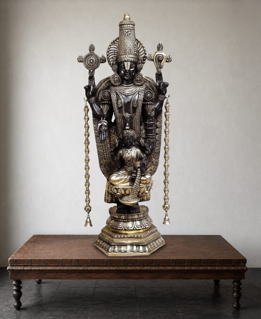 Premium handcrafted brass Tirupati Balaji with Goddess Padmavati statue featuring antique dual-tone finish for home temple and luxury décor