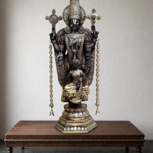 Premium handcrafted brass Tirupati Balaji with Goddess Padmavati statue featuring antique dual-tone finish for home temple and luxury décor