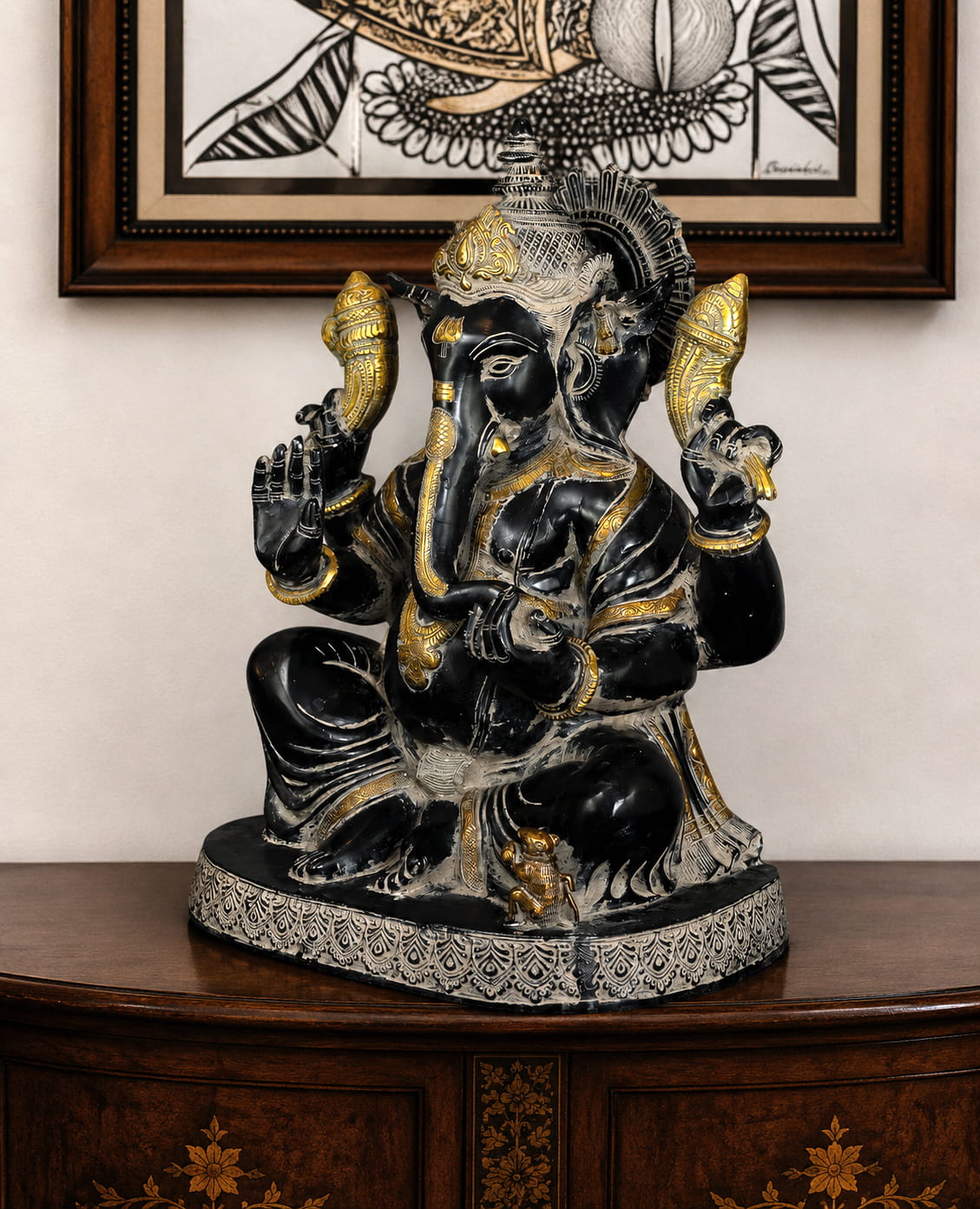 Premium Black and Antique Gold Brass Lord Ganesha Idol - 21 inches - Image 3