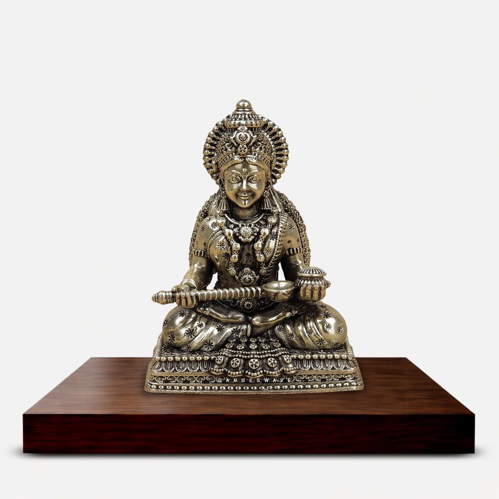 Intricately crafted Brass Maa Annapurna Idol seated with traditional ornaments and detailed Hindu craftsmanship