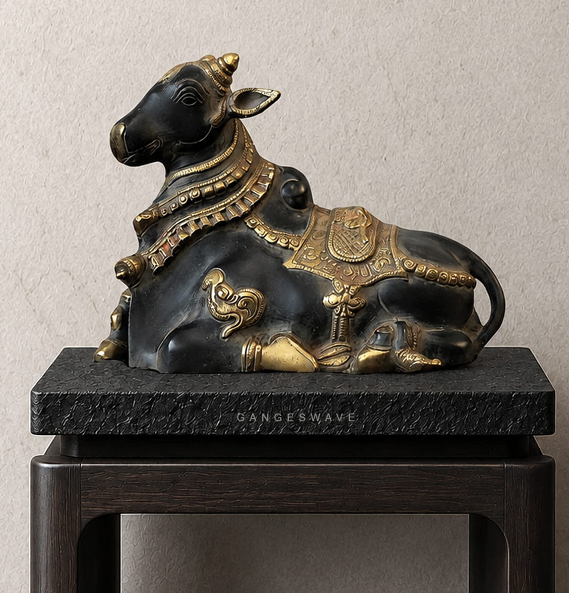 Antique Finish Black & Gold Brass Nandi Statue - 9.5 inch - Image 3