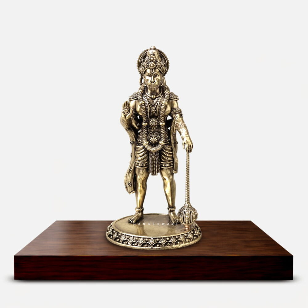 Standing Brass Hanuman Idol in blessing pose with ornate crown and gada