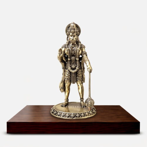 Standing Brass Hanuman Idol in blessing pose with ornate crown and gada