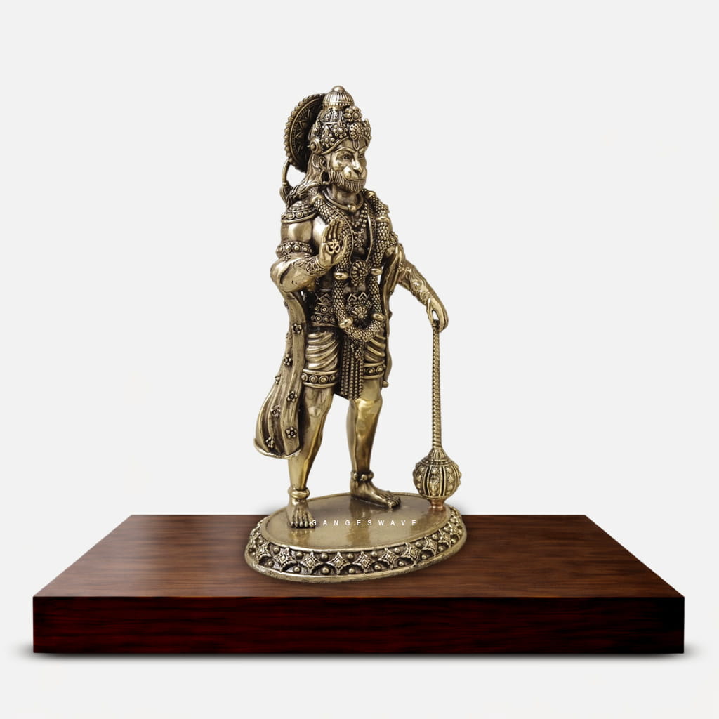 Brass Hanuman Idol in Blessing Pose with Gada - 10 inches - Image 3