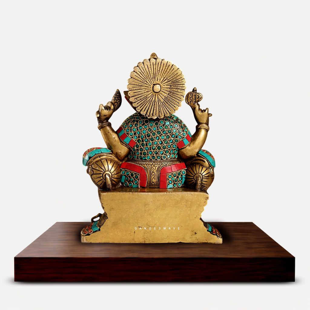 Meenakari Brass Ganesha Idol with Decorative Takiya Throne - Image 3