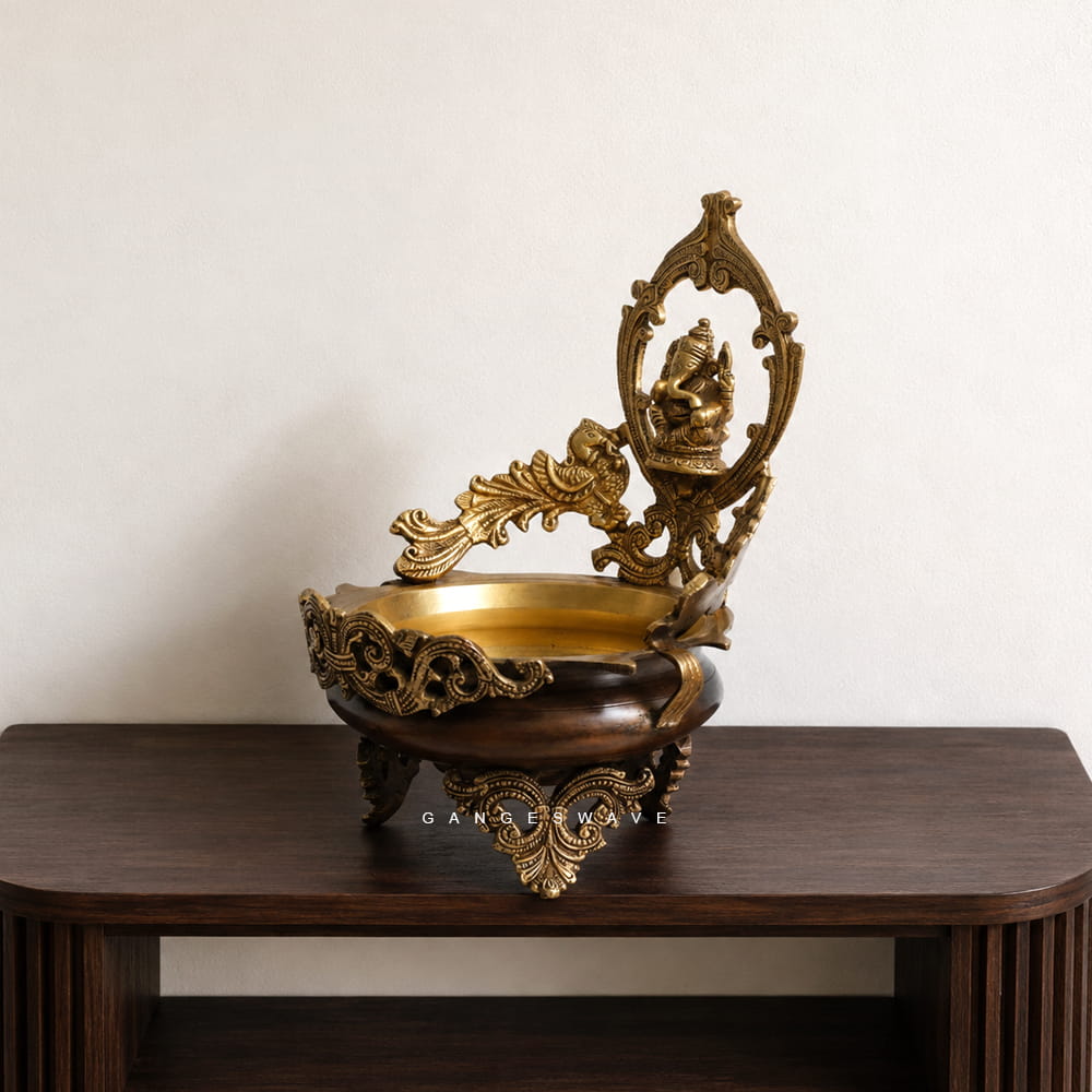 Brass Urli with Lord Ganesh and Peacock - 12 inches - Image 3